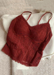 Slim Fit Red V Neck Solid Lace Spaghetti Strap Tank Sleeveless