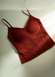 Slim Fit Red V Neck Solid Lace Spaghetti Strap Tank Sleeveless
