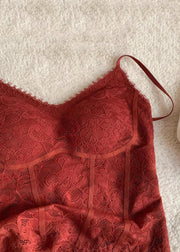 Slim Fit Red V Neck Solid Lace Spaghetti Strap Tank Sleeveless