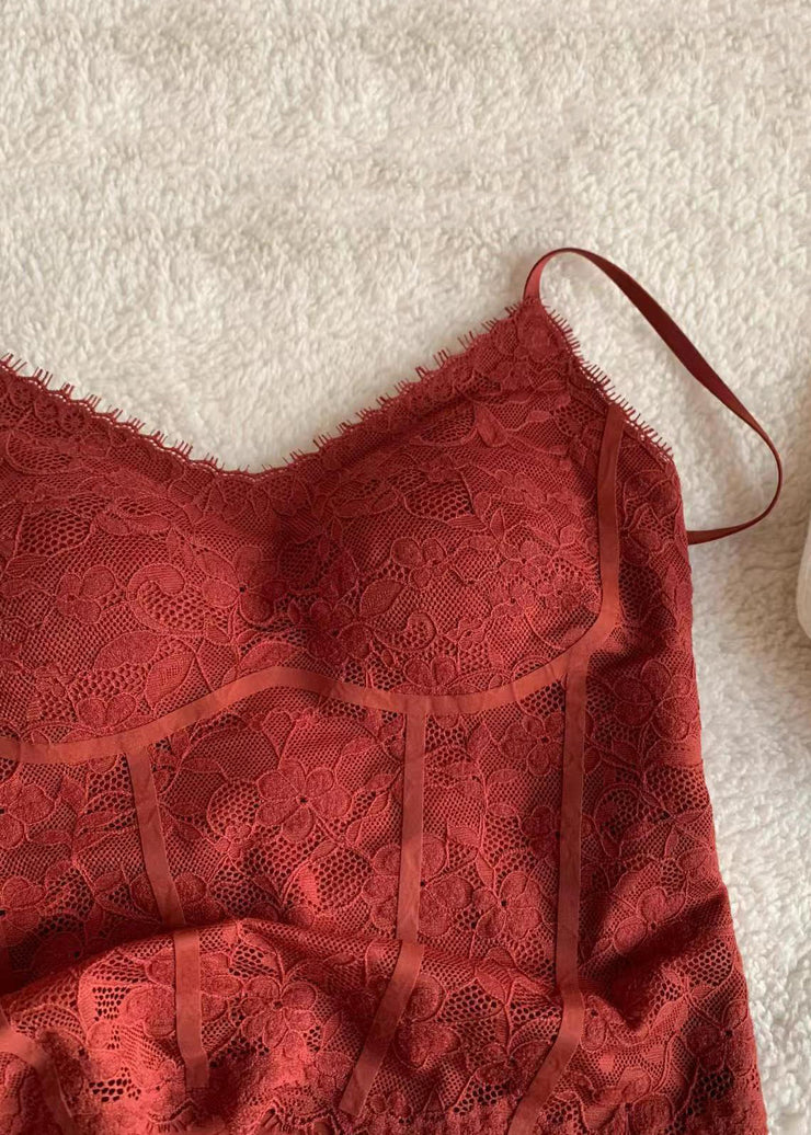 Slim Fit Red V Neck Solid Lace Spaghetti Strap Tank Sleeveless