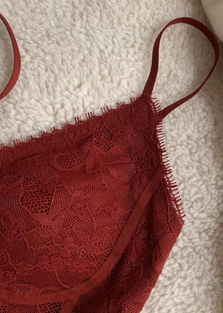 Slim Fit Red V Neck Solid Lace Spaghetti Strap Tank Sleeveless