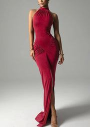 Slim Fit Red Wrinkled Side Open Cotton Long Dress Sleeveless