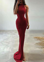 Slim Fit Red Wrinkled Side Open Cotton Long Dress Sleeveless