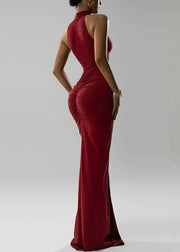 Slim Fit Red Wrinkled Side Open Cotton Long Dress Sleeveless