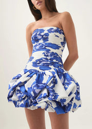 Slim Fit Rose Strapless Print Wrinkled Cotton Mid Dress Sleeveless