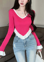 Slim Fit Rose V Neck Patchwork Knit Sweaters Fall