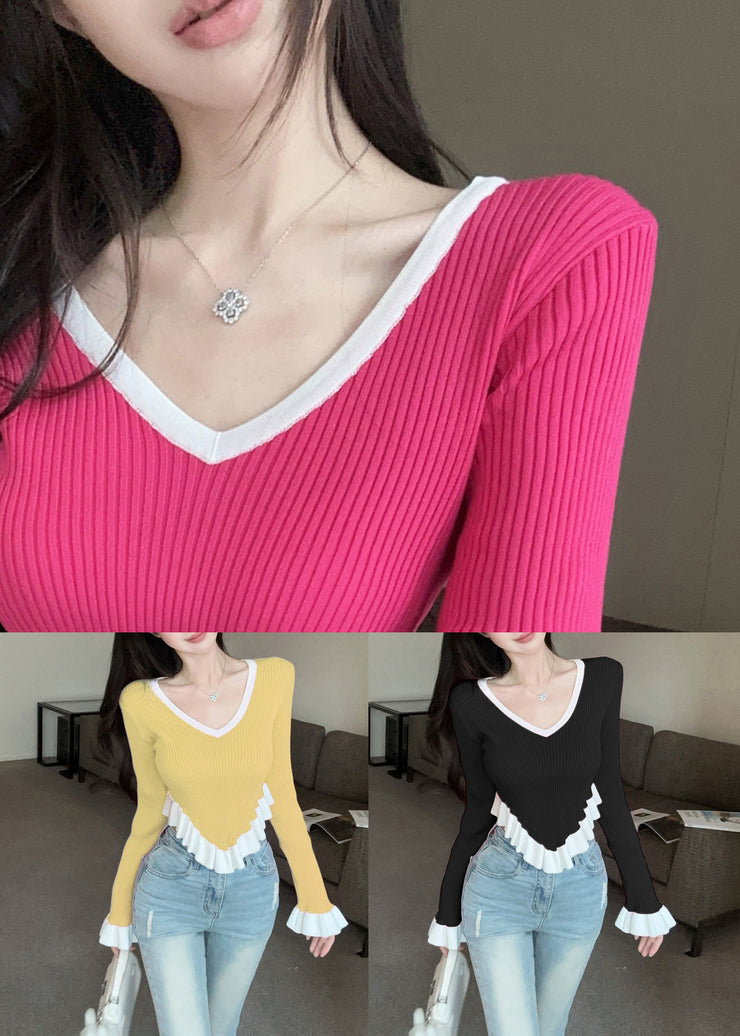 Slim Fit Rose V Neck Patchwork Knit Sweaters Fall