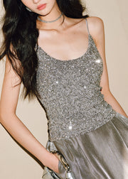 Slim Fit Silver Backless Sequins Spaghetti Strap Vest Sleeveless