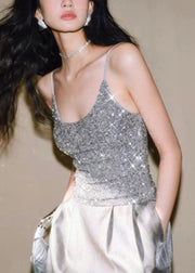 Slim Fit Silver Backless Sequins Spaghetti Strap Vest Sleeveless