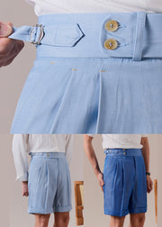 Slim Fit Sky Blue Pockets High Waist Cotton Mens Shorts Summer