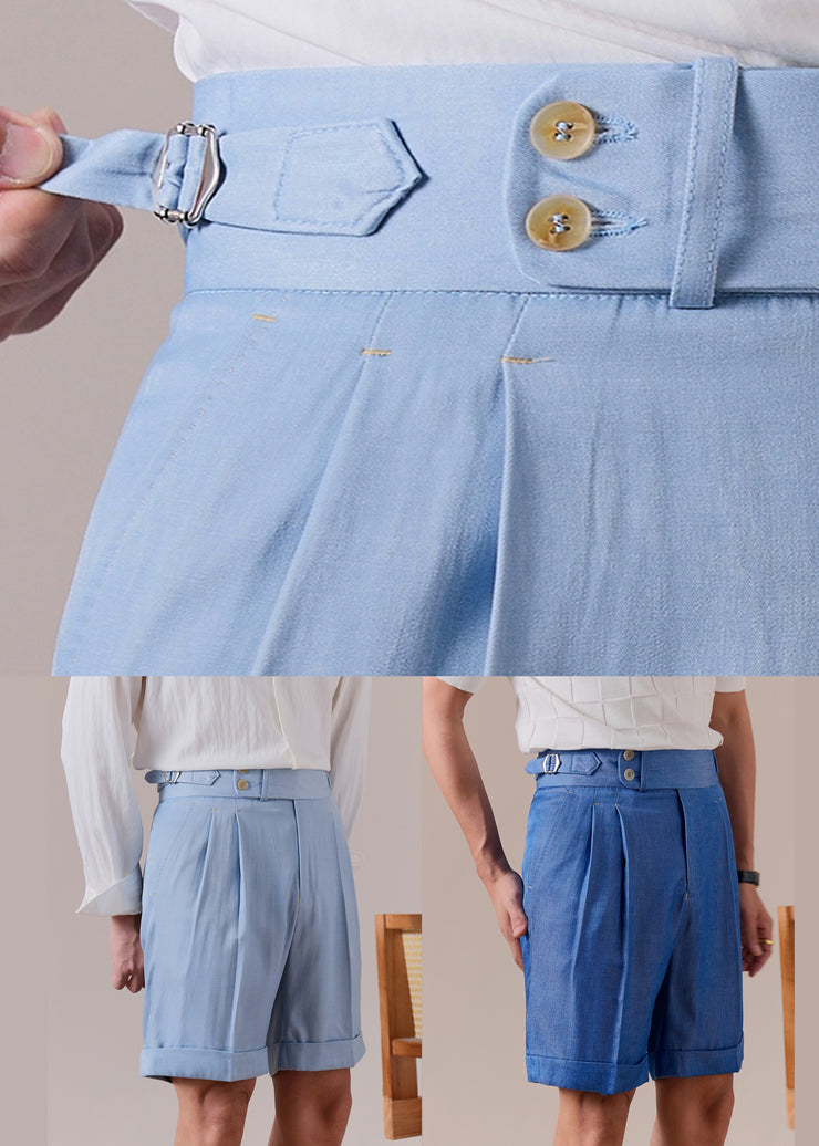 Slim Fit Sky Blue Pockets High Waist Cotton Mens Shorts Summer