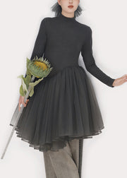Slim Fit Smoky Gray Asymmetrical Tulle Patchwork Mini Dress Winter