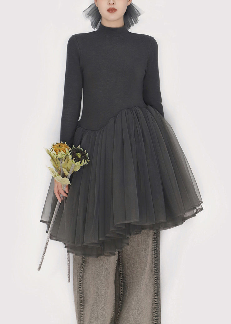 Slim Fit Smoky Gray Asymmetrical Tulle Patchwork Mini Dress Winter