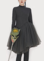 Slim Fit Smoky Gray Asymmetrical Tulle Patchwork Mini Dress Winter