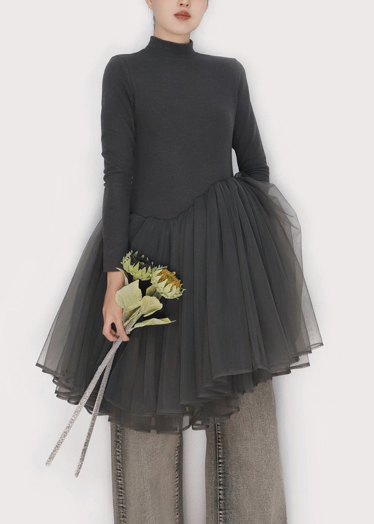 Slim Fit Smoky Gray Asymmetrical Tulle Patchwork Mini Dress Winter