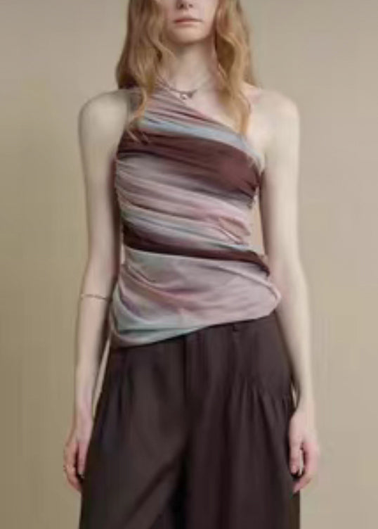 Slim Fit Striped Asymmetrical Patchwork Tulle Shirt Sleeveless