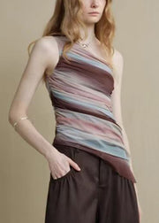 Slim Fit Striped Asymmetrical Patchwork Tulle Shirt Sleeveless