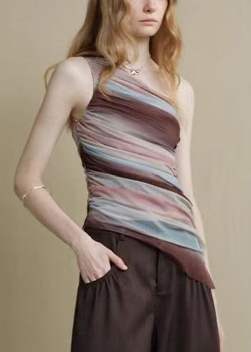 Slim Fit Striped Asymmetrical Patchwork Tulle Shirt Sleeveless