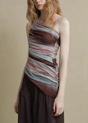 Slim Fit Striped Asymmetrical Patchwork Tulle Shirt Sleeveless