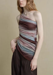 Slim Fit Striped Asymmetrical Patchwork Tulle Shirt Sleeveless