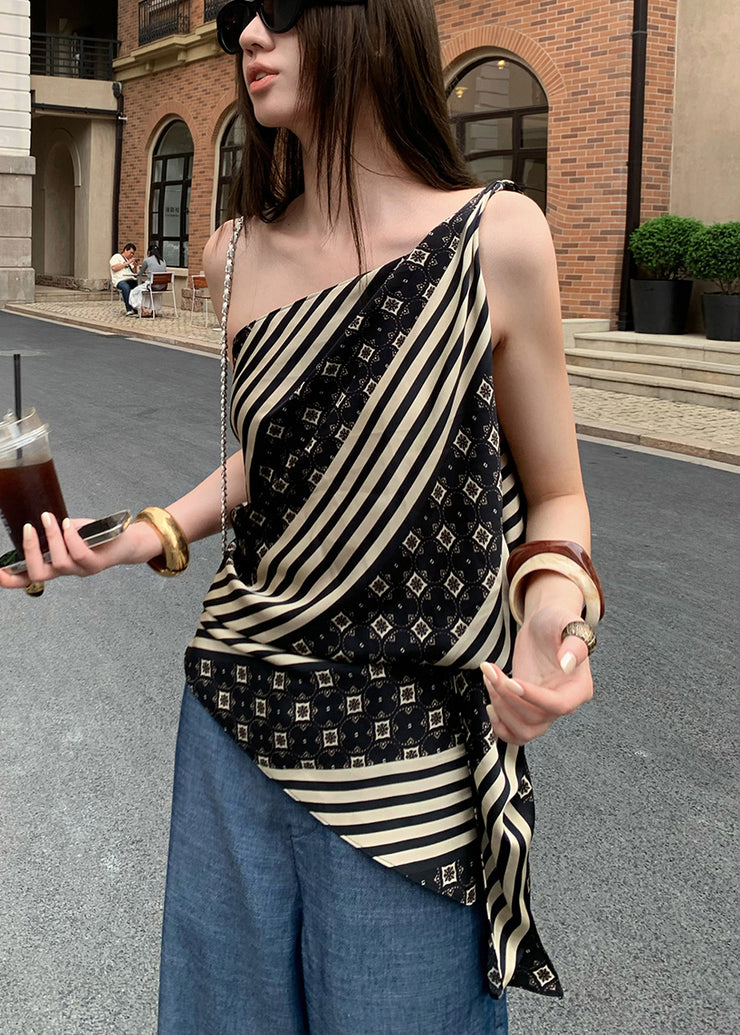 Slim Fit Striped Asymmetrical Print Cotton Tank Sleeveless