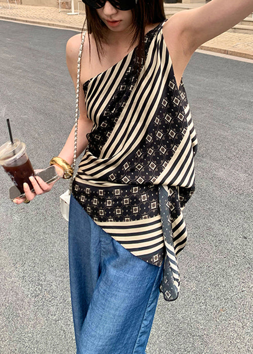 Slim Fit Striped Asymmetrical Print Cotton Tank Sleeveless