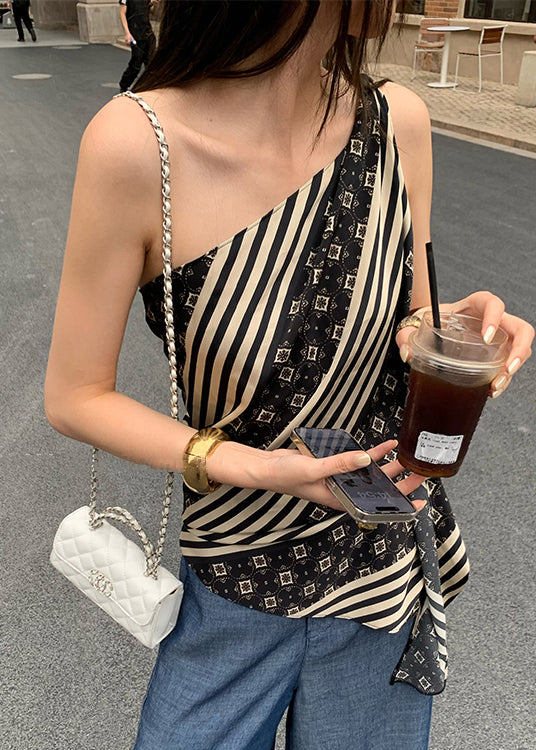 Slim Fit Striped Asymmetrical Print Cotton Tank Sleeveless