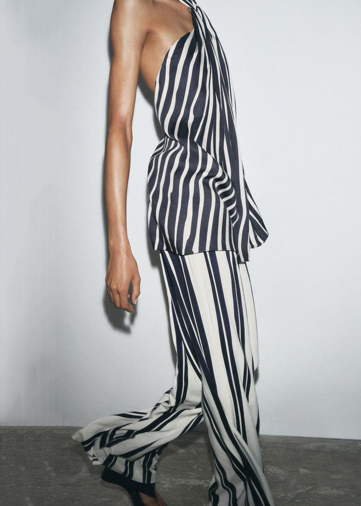 Slim Fit Striped Backless Tank And Pants Cotton Two Pieces Set Sleeveless