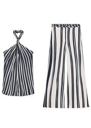 Slim Fit Striped Backless Tank And Pants Cotton Two Pieces Set Sleeveless