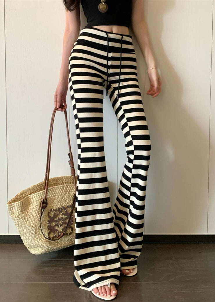 Slim Fit Striped Lace Up Cotton Flared Trousers Fall
