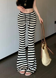 Slim Fit Striped Lace Up Cotton Flared Trousers Fall