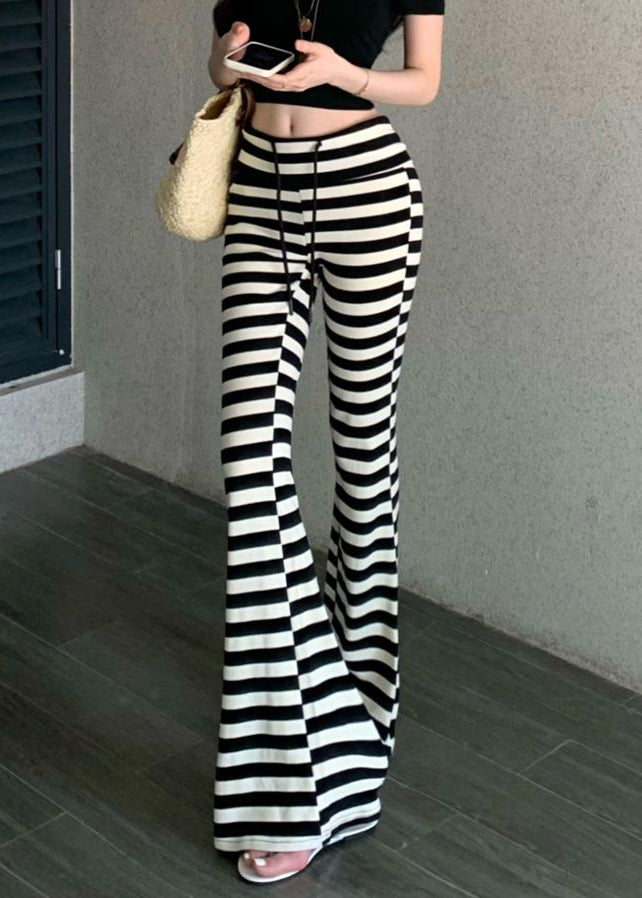 Slim Fit Striped Lace Up Cotton Flared Trousers Fall