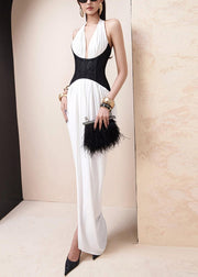 Slim Fit White Backless Patchwork Long Dress Sleeveless