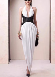 Slim Fit White Backless Patchwork Long Dress Sleeveless