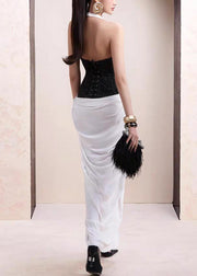 Slim Fit White Backless Patchwork Long Dress Sleeveless