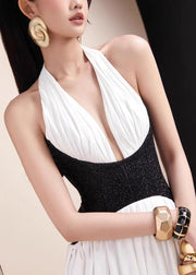 Slim Fit White Backless Patchwork Long Dress Sleeveless