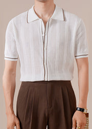 Slim Fit White Button Hollow Out Knit Mens Polo Shirts Summer