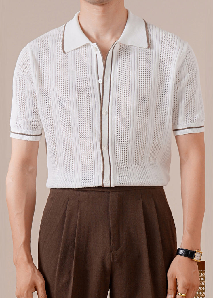 Slim Fit White Button Hollow Out Knit Mens Polo Shirts Summer