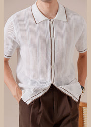 Slim Fit White Button Hollow Out Knit Mens Polo Shirts Summer