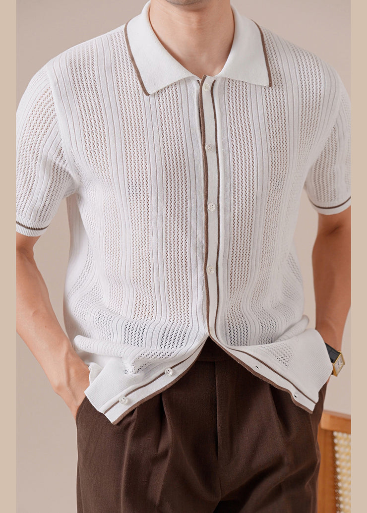 Slim Fit White Button Hollow Out Knit Mens Polo Shirts Summer