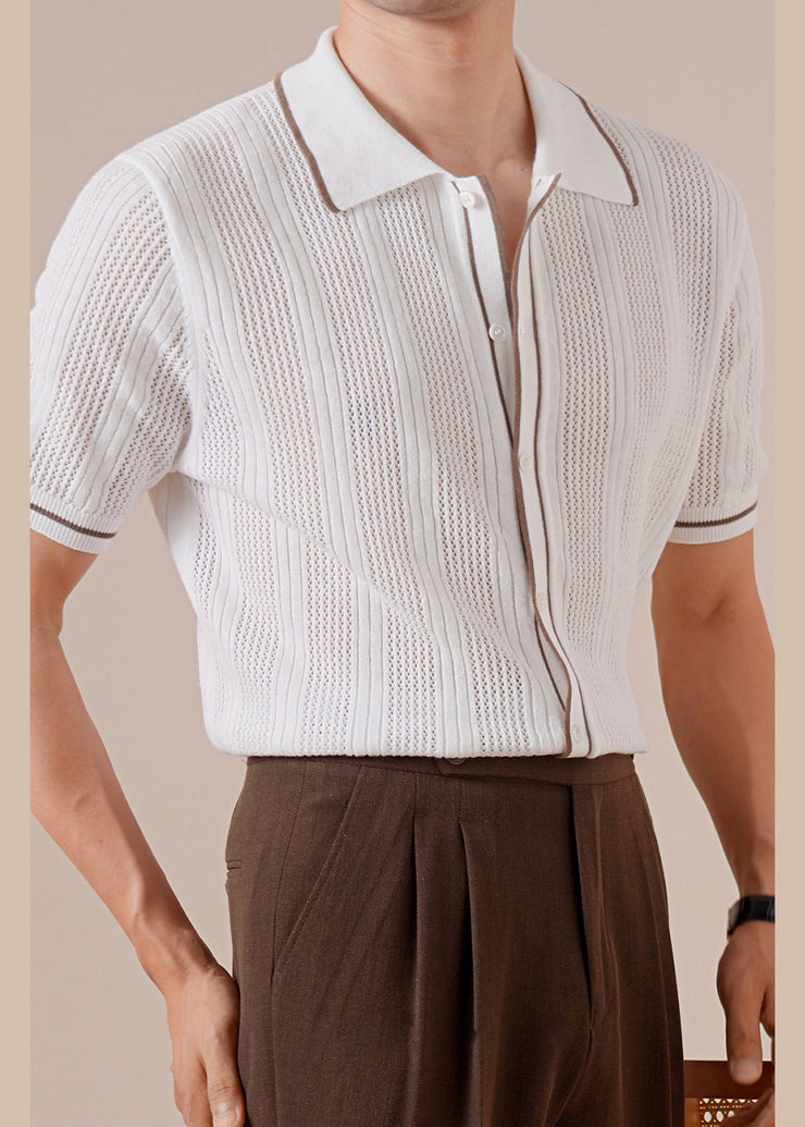 Slim Fit White Button Hollow Out Knit Mens Polo Shirts Summer