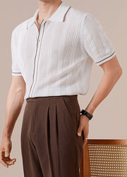 Slim Fit White Button Hollow Out Knit Mens Polo Shirts Summer