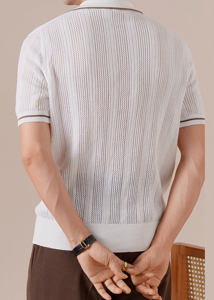Slim Fit White Button Hollow Out Knit Mens Polo Shirts Summer
