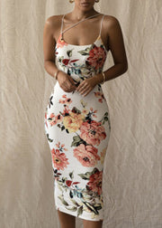 Slim Fit White Cold Shoulder Print Cotton Spaghetti Strap Dress Sleeveless