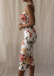 Slim Fit White Cold Shoulder Print Cotton Spaghetti Strap Dress Sleeveless