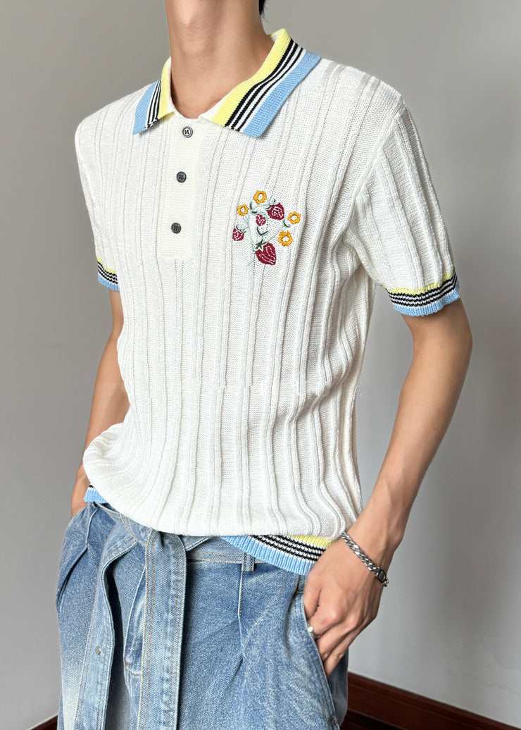 Slim Fit White Embroideried Patchwork Knit Mens Polo Shirt Summer