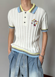 Slim Fit White Embroideried Patchwork Knit Mens Polo Shirt Summer