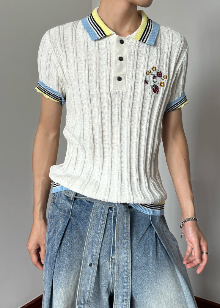 Slim Fit White Embroideried Patchwork Knit Mens Polo Shirt Summer
