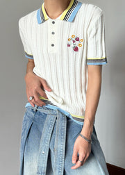 Slim Fit White Embroideried Patchwork Knit Mens Polo Shirt Summer