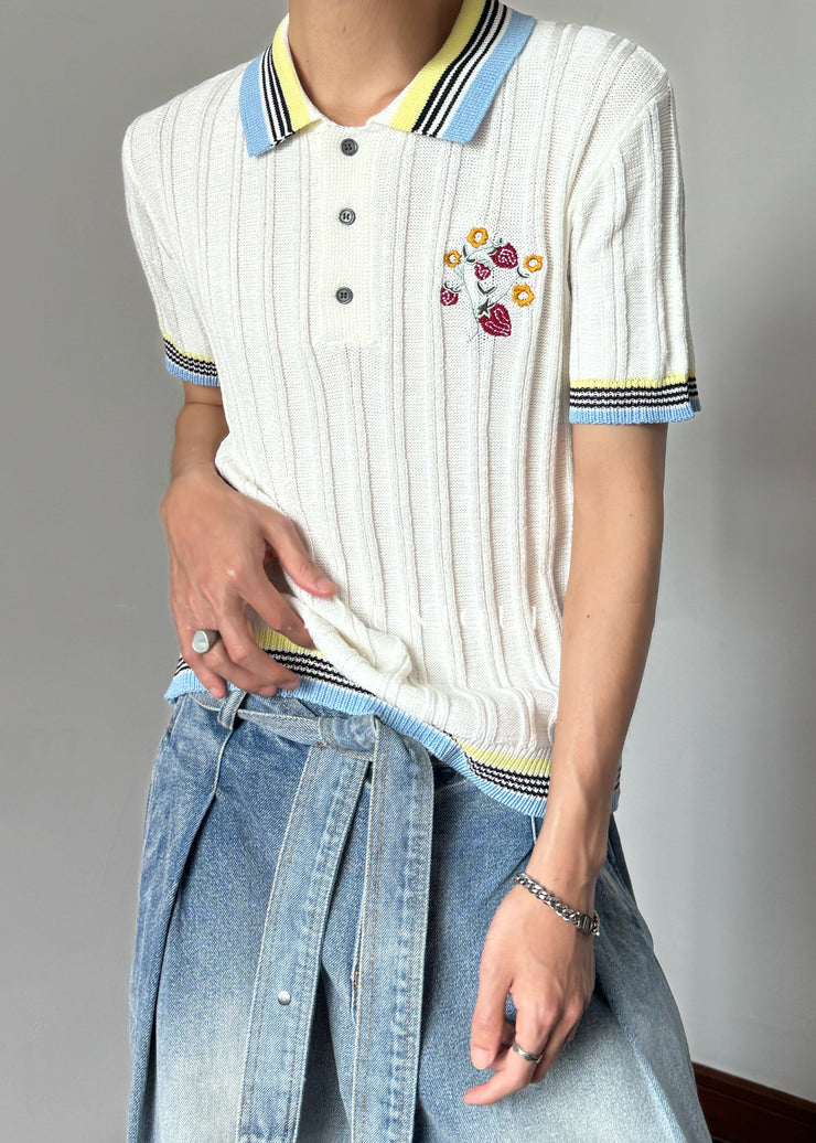 Slim Fit White Embroideried Patchwork Knit Mens Polo Shirt Summer